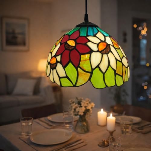 Image of Delight Creations Stained Glass Table Lamp, Multicolor Glass Shade, Bronze Base (Free Bulb) (Design - 13)