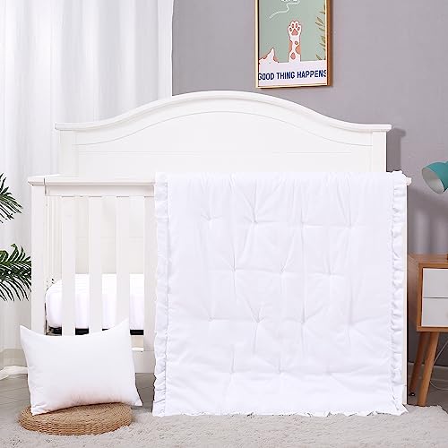 Image of JISEN 3 Piece Baby Bedding Set - Soft Ruffle Crib Comforter Set with Quilt, Sheet, Pillowcase - Nursery Bedding for Boys or Girls - White