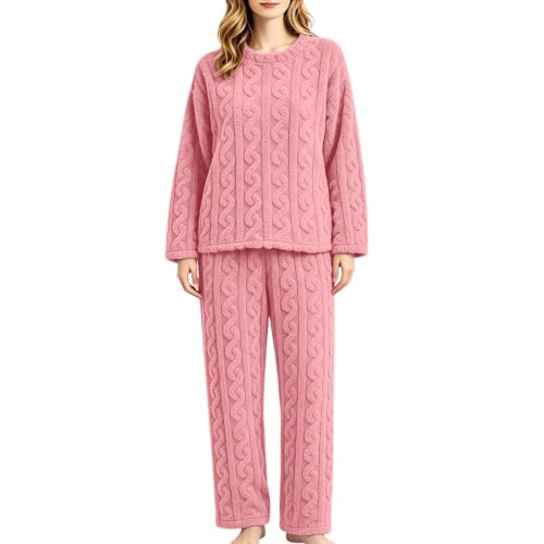 Winter Pajamas for Women Flannel Lounge Sets Cozy Fuzzy Sleepwear Pink L - image 3