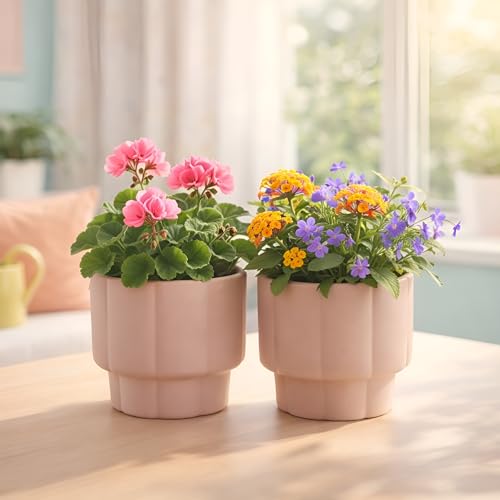Image of Xtore Sophisticated Ribbed Ceramic Planter Set of 2 for Indoor Plants | Modern Minimal Pots for Living Room, Desk & Shelf Styling (Pack of 2, Planter only)