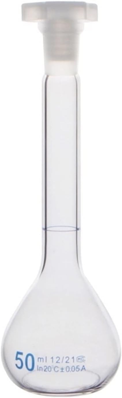 Matraccio volumetrico in Vetro Trasparente da 50 ml con Tappo in plastica Classe A, Vetro borosilicato Alto, Collo di Bottiglia Sottile, Fondo Piatto, vetreria da Laboratorio per Chimica, co