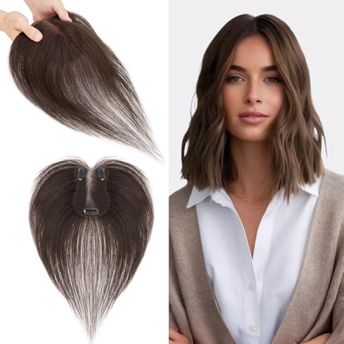 S-noilite Topper Capelli Umani per Donne, 14g Capelli Veri Frangetta Laterale, Brun Moka Frangia a S Fermaglio per Capello, 27CM Capello Umani Toppers con 7x11CM Base in Pizzo per Diradati #2R