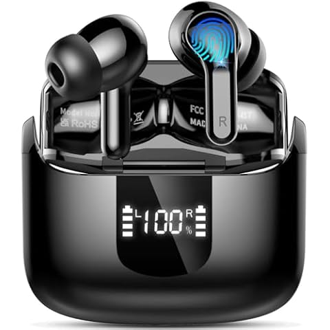 Wireless Earbud Bluetooth 5.3 Headphones, Hi-Fi Stereo Ear Buds with 4 ENC Cancelling Mics, 40H in-Ear Earphones IP7 Waterproof Sports, LED Display, Mini Headset for Laptop Pad TV, Android/iOS Phones Cover