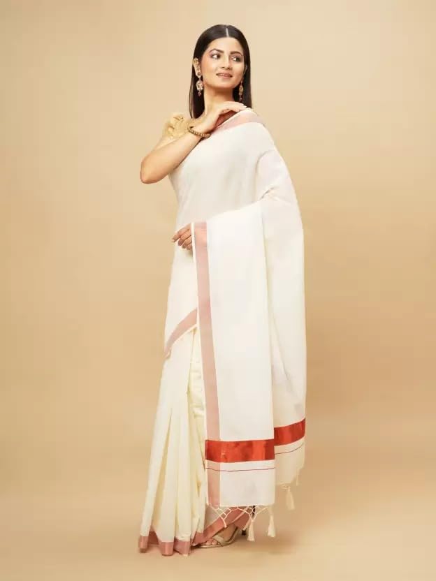 Image of Women's Kerala Off white cotton saree with running blouse| Onam Saree | Vishu Saree | Traditional White Saree