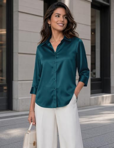 Image of Zeagoo Womens Satin Blouses Button Down Shirts 3 /4 Sleeve Dressy Tops S-2XL