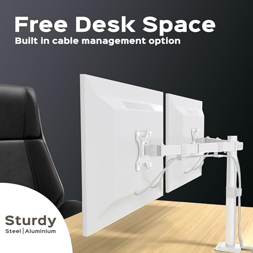 Image of iVOOMi Power Duo White Dual Monitor Stand for Desk with VESA Mount, Adjustable Mechanical Monitor arm with Grommet Mounting Base for 15-34'' 2-22 kgs Screens, VESA Compliant Up to 100 x 100mm