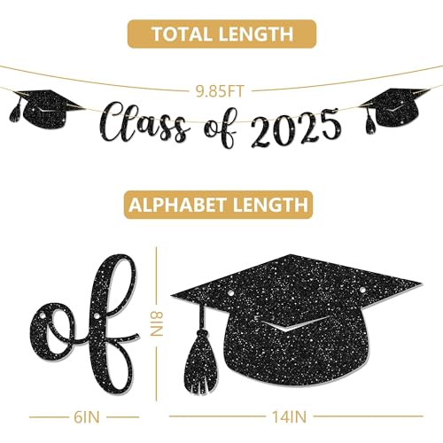 Qumic Graduation Decorations 2025-10 ft Class of 2025 Banner, Black Graduate Banner, Happy Grad Supplies, Graduation Party Decorations for Middle School, High School, College