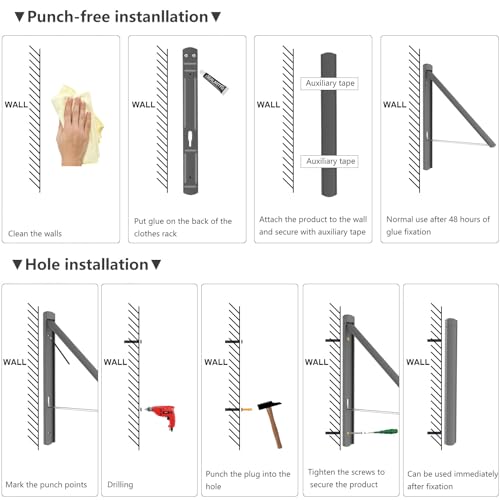 RELONGGI Foldable Coat Hangers, Wall Hanger Wall Mounted Retractable Drying Rack, 0.43'' 1.1CM Thickness Space Saving Laundry Racks and Closet Organizer, Aluminum (Black) - Image 6