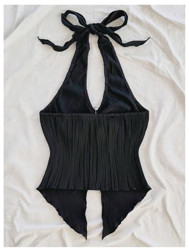 Milumia Women's Y2k V Neck Halter Top Tie Backless Slit Hem Buckle Tank Tops2