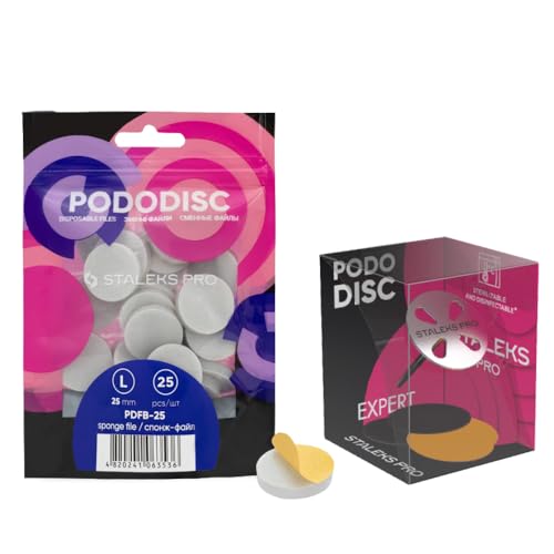 STALEKS Pro Pedicura Set de 25 tapas de lijado desechables para Pododisc 25 mm y 20 mm, fresa para el cuidado de pies de acero inoxidable + 5 limas de repuesto, juego de brocas profesionales para