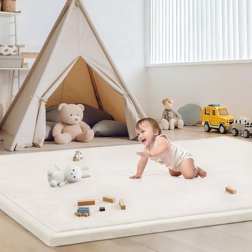Image of ILPEOD Baby Play Mat for Floor Nursery Rug Muscle Mat Area Rug Playroom Rug 59"x79" Playpen Mat Memory Foam 1.3" Thick Crawling Mat For Babies,Toddlers, Infants, Kids,Cream