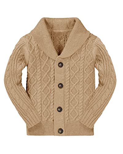 Makkrom Kids And Boys Shawl Collar Cardigan Sweater Long Sleeve Button Cable Knitted Jumper Winter Outwear Khaki #TOP26