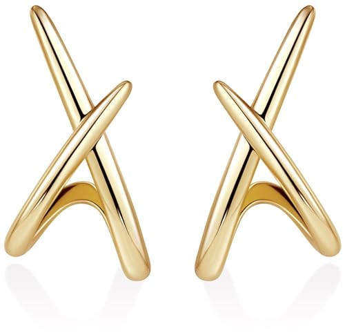 Criss Cross Stud Earrings for Women Trendy, 14K Gold...