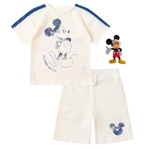 Image of Disney Mickey Mouse Boys Waffle Knit Short Sleeve T-Shirt and Shorts Set with 1 Piece Toy for Toddlers