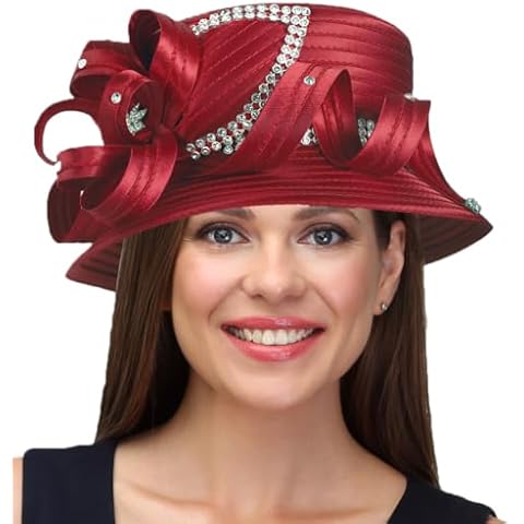 PGTEN Women's Satin Dress Church Hats with Rhinestones Burgundy Cover