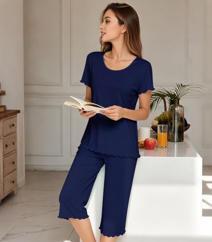 Image of NACHILA Women's Bamboo Viscose Pajama Sets Summer Cooling Short Sleeve Capri Soft Pjs Night Sweats Moisture Wicking Sleepwear
