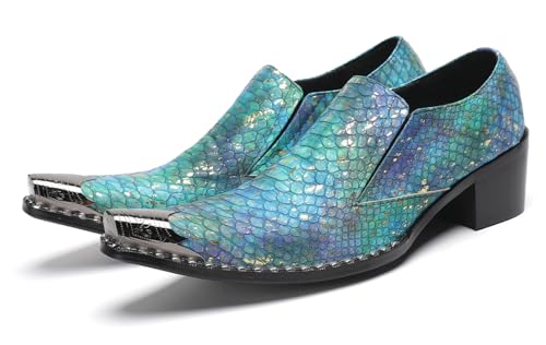 Santimon Men Casual Shoes Exotic Snakeskin Leather Slip-On Loafers – Stylish Metallic Toe, Comfortable Block Heel, Ideal for Wedding, Party, Ballroom,Bar & Semi-Formal Occasions