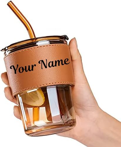 Image of Glass Mug with Bamboo Lid and Straw, 510ml, for Cold Drinks, Smoothies, Coffee(Pack of 1) (Customised Glass Mug with Name)