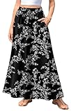 Aodemo Womens Flowy Maxi Skirt Summer Boho Pleated Elastic Waisted Casual Beach Long Skirts with Pockets M, White Flower-Black