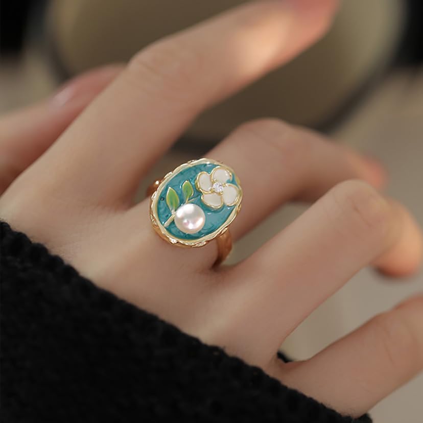 Anillos abiertos de perlas esmaltadas de moda para mujer, chapados en oro de 14 quilates, diseño de hojas florales vintage, banda de dedo única, apilable, anillo de boda, ajustable, cóctel, fiesta, 2