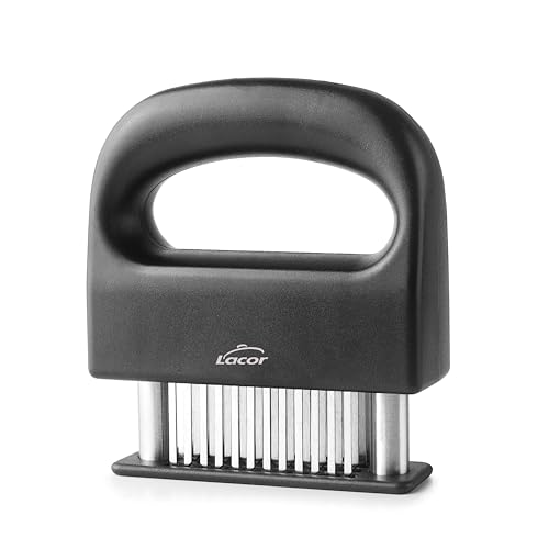 LACOR - 61250 - Ablandacarne Black, Acero Inoxidable 18/10, 48 Cuchillas, Cuchillas Retractoras, Mango Ergonómico Antideslizante, Cubierta Protectora, Para Todo Tipo de Carnes, Cuchillas 6x3 cm