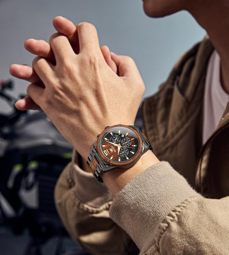 Image of OLEVS Chronograph Watches for Men Original Analog Quartz Gold Silver Stainless Steel Metal Strap Blue Luxury Moon Phase Date Waterproof Branded Men's Wrist Watch
