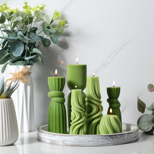 Threlaco 6 Pcs Pillar Candles Decorative Modern Aesthetic Ribbed Candle Set Cute Soy Wax Scented Ribbed Decor Valentine's Commemorative Gift for Home Decoration(Green,2.36-6.89 Inch)