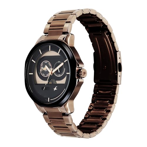 Image of Fastrack Street Opulence Sun Moon Multifunction Quartz Analog with Brown Dial Brown Stainless Steel Metal Strap Watch for Men - 3303KM06
