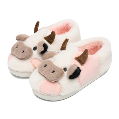 COVS Cute Cow Fluffy House Slippers - Kawaii Shoes for Women and Men, Indoor and Outdoor