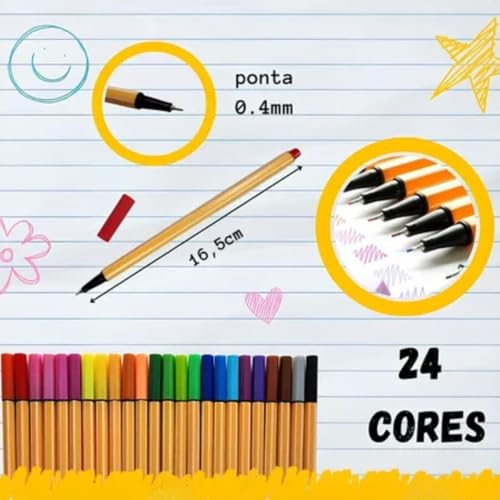 Canetas Coloridas Ponta Fina Fineliner 0.4mm Kit 24 Cores