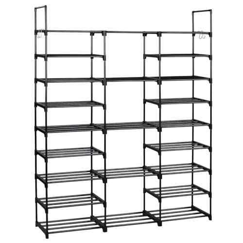 T-LOVENDO.ES Zapatero Grande y Estrecho Entrada recibidor. Mueble Organizador de Zapatos Armario estantería 157x31x127cm. 9 Niveles. Tubos de Hierro. Ganchos Laterales. hasta 50 Pares. Negro