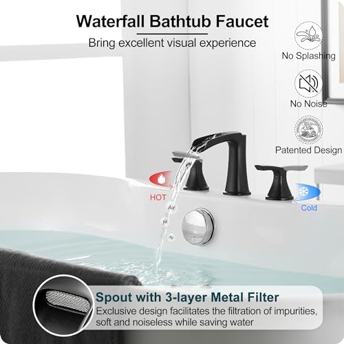 Hoigy HYBTF-07-B Roman Waterfall Bathtub Faucets, Brass High Flow Bathtub Faucet 3 Hole 6-16 Inch Widespread Black Tub Faucet Set 2 Handle, Deck Mount Filler Bath Faucet thumb #1