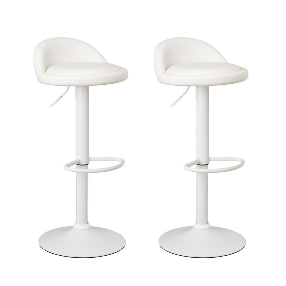 LOLAhome - Set of 2 360° Swivel Kitchen Stools, Set of Bar Chairs Height Adjustable from 72 to 92 cm, with Leatherette Back, White Metal Structure and Footrest, White