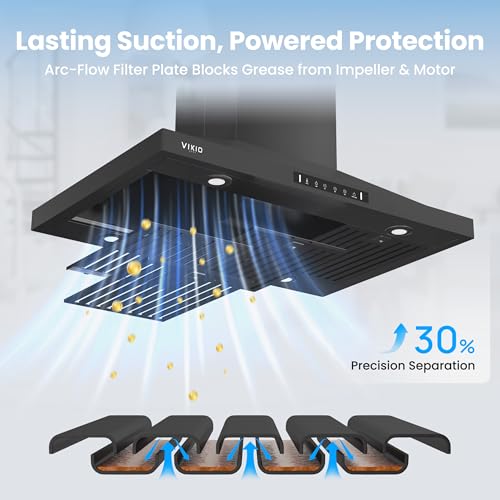 Image of VIKIO HOME Island Range Hood 30 Inch, 390 CFM kitchen Hood with Touch /Gesture Control, Ceiling Mount Kitchen Vent Hood, Convertible Ducted /Ductless, 3-Speed Fan&4 LED Lights, 2 Baffle Filters, Black