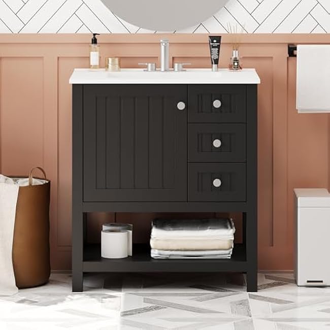30 Inches Transitional Bathroom Vanity Cabinet Combo with Ceramic Sink, Soft Close Doors Drawers, Black Finish for Bathroom Living Room (2 Drawers + 1 Door)