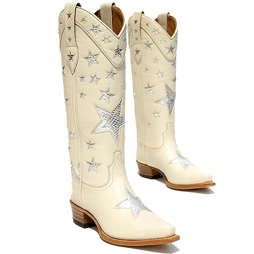 Image of YIYA Women's Star Cowboy Boots Black and White Cowgirl Boots with White Stars Pointed Toe Chunky Low Heel Pull-On Wide Calf Western Embroidered Boots