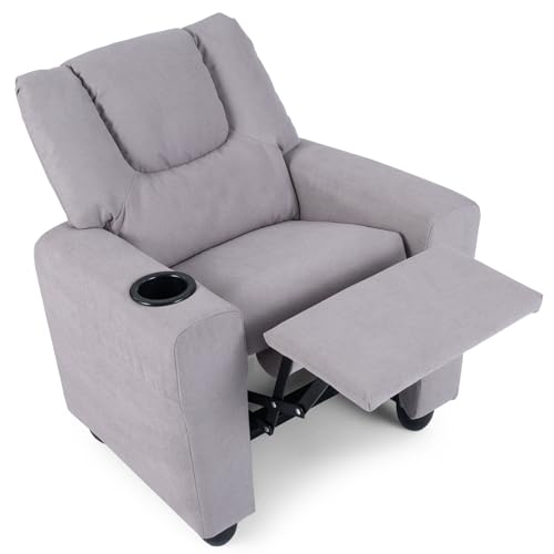 Image of GLACER Kids Recliner with Cup Holder, Fabric Toddler Lounge Chair (Gray) | Baby Recliner w /Adjustable Backrest & Footrest, Spring Seat Cushion, Push Back Toddler Sofa for Ages 3+, Supports 150 lbs