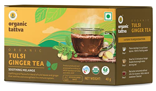 Image of Organic Tattva Green Tea Tulsi Ginger, 20 Tea Bags | Herbal Infusion for Daily Refreshment, Immunity Support, and Soothing Warm Beverage (Pack of 3)