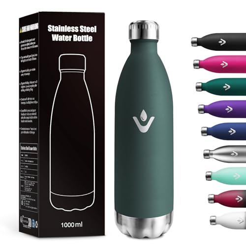 Botella Termica 1L, Reutilizable, Botella Agua Termica a Prueba de Fugas, Termo Agua Acero Inoxidable sin BPA, Botella Doble Pared para Oficina, Escuela, Gimnasio, Senderismo, Adultos, Aire Libre