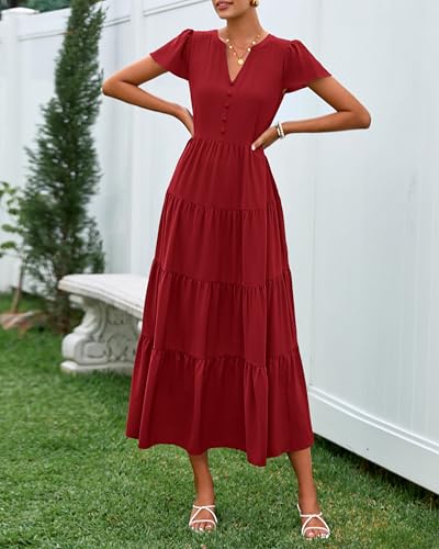 Image of PRETTYGARDEN Women Summer Midi Dresses 2025 Casual Short Sleeve V Neck Belted Tiered Ruffle Vacation Dress with Pockets