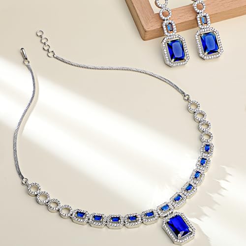 Image of ASMITTA Jewellery Rhodium-Plated Square American Diamonds Studded Pendulous Necklace with Earrings Jewellery Set for Girls Womens