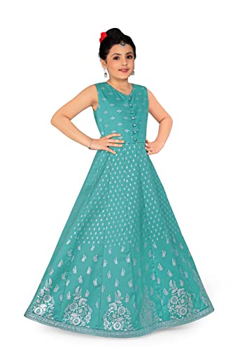 Image of Fashion Dream Girl's Dark Blue Taffeta Maxi Length Foil Printed Dress|Maxi Dress|Printed Dress|Girls Printed Maxi Dress|Long Dress(Rama 7-8 Year)