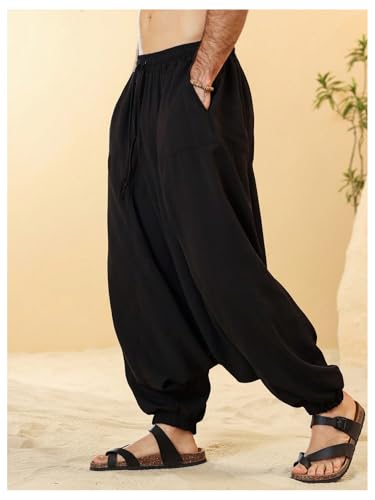 OYOANGLE Men's Hippie Harem Pants Elastic Drawstring Waist Loose Fit Drop Crotch Jogger Trousers2