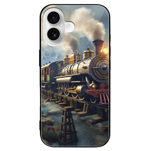 CRIVOTA for iPhone 16 Case - All-New Steam Trains Design, Glass Back + TPU Inner Shell, Extreme Slimness, Military-Grade Dual Protection, Precise Cutouts, Cell Phone Cases for Boys Girls