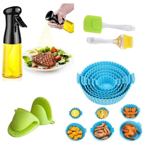 WYVERA 6 Pcs Round Reusable Non-Stick air Fryer Accessories Silicone Coating Pot Basket for Microwave Oven Oil Sprayer Bottle and Oil Brush and Spatula Set, 200 Millilitre, Multicolor (10)