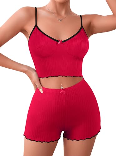 Image of Hilinker Womens Graphic Print Ribbed PJ Set Crop Cami Tops and Shorts Cute Pajamas Set