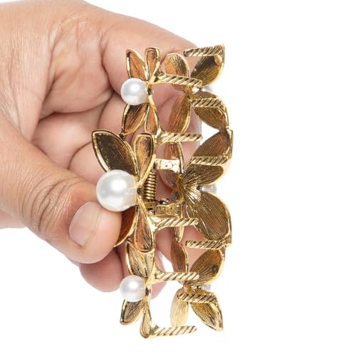 Image of Radhu & Kabby Antique Golden Floral Hair Claw Clip for women | Pearl Embellished | Elegant Strong Hold Hair Accessory for Wedding, Party & Festive Styling | Pack of 1