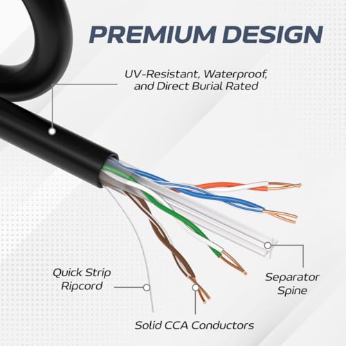 Cables Direct Online CAT6 1000ft Outdoor 23 AWG 550MHz Ethernet Cable UTP Copper Clad Aluminum Bulk Wire Solid Direct Burial UV