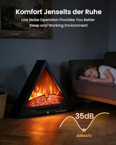 AIRMATE 1800W Elektrokamin, Dreieckiger Kamin, 3D-Flammeneffekt Kamin Elektrisch, 4 Flammenfarben, Elektrischer Kamin, Elektro Kamin, Led Kamin, Elektrokamin mit Heizung, 24 Timer, Thermostat