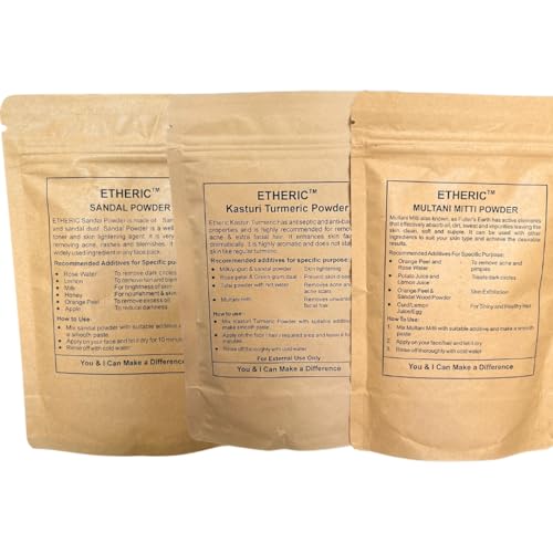 Image of Etheric Glowing Skin Pack (Sandal+Kasturi Turmeric+Multani Mitti) For making skin fair, Acne treatment II Wrinkle Removal II Reduce Blemishes (3 X 100 Grams)